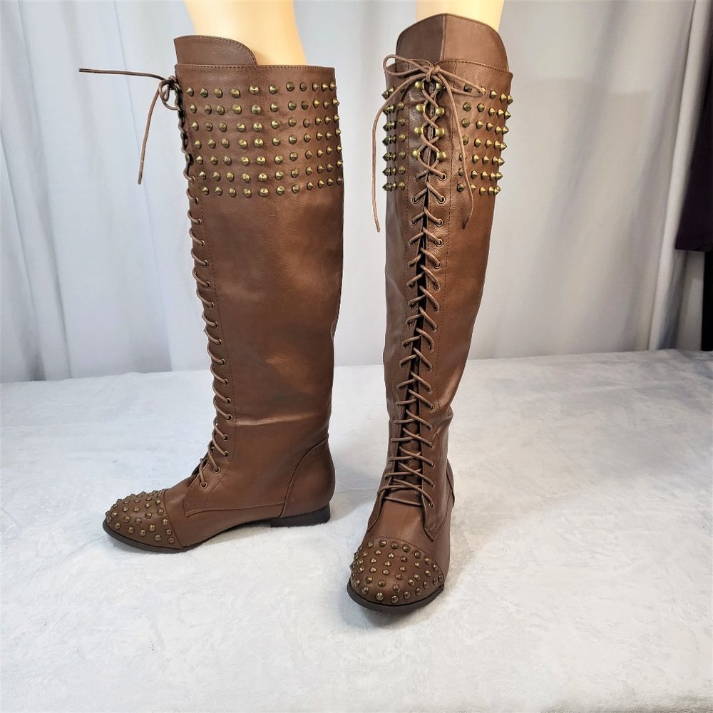 Pink Dutchess Chunky Heel Lace-Up Over The Knee Riding Boots With Studds